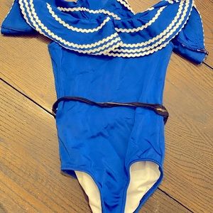 Nessi Byrd Kids one piece SWIM - Santorini Blue and white ruffle EUC worn once.